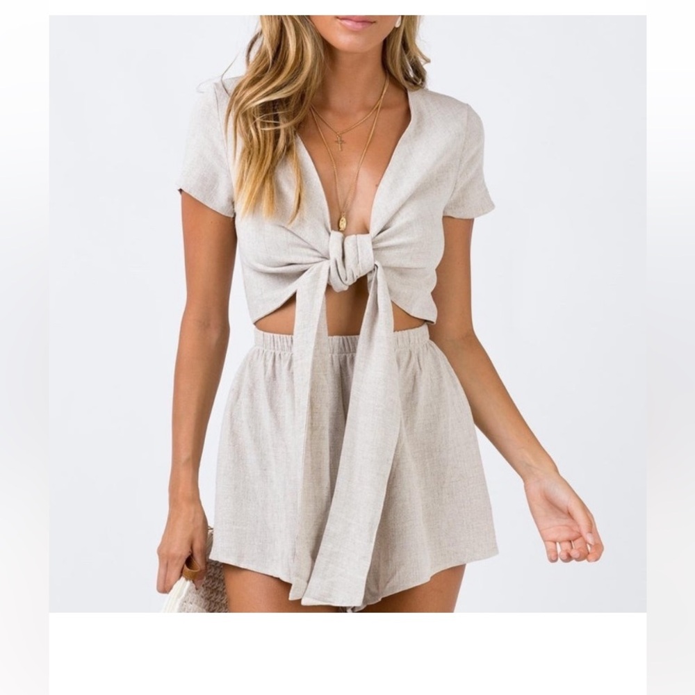 Princess Polly RAGNAR TIE FRONT ROMPER BEIGE